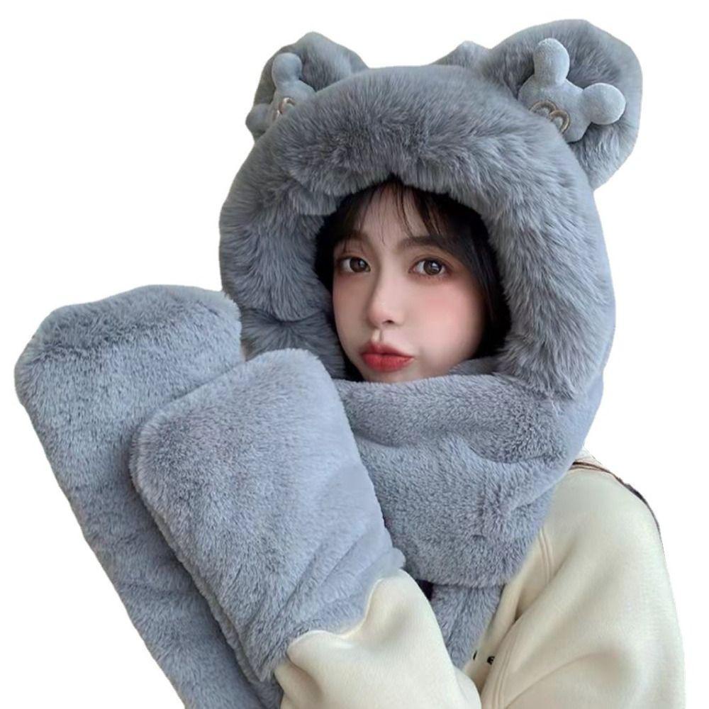 Muvako Mũ Trùm Đầu Tích Hợp Khăn Choàng cotton Dày Dặn Hình Gấu Bông Dễ Thương Kèm Găng Tay Và Khăn Choàng Cổ Cho Nữ