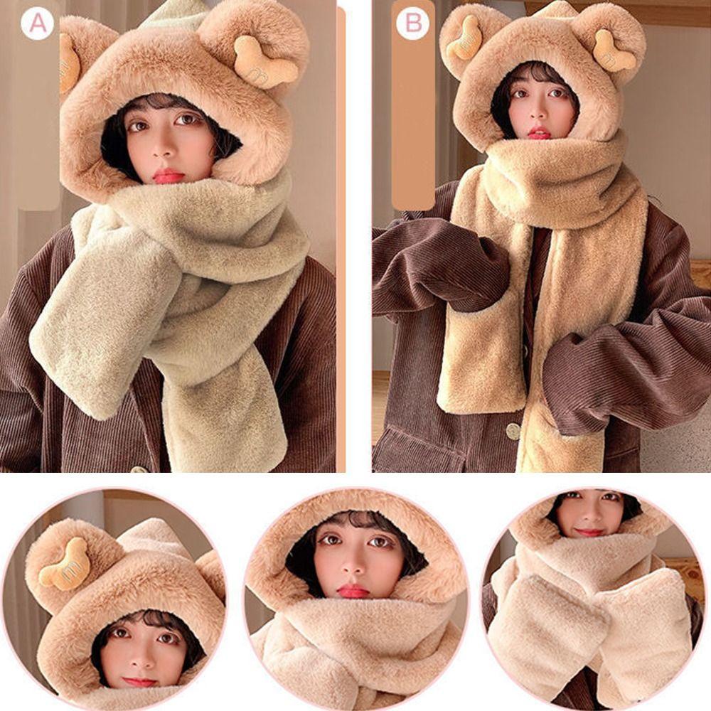 Muvako Mũ Trùm Đầu Tích Hợp Khăn Choàng cotton Dày Dặn Hình Gấu Bông Dễ Thương Kèm Găng Tay Và Khăn Choàng Cổ Cho Nữ