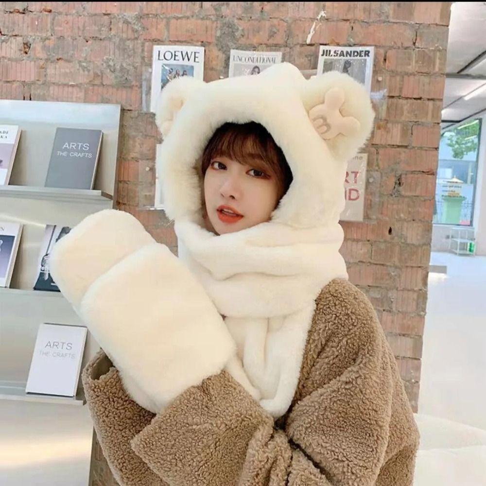 Muvako Mũ Trùm Đầu Tích Hợp Khăn Choàng cotton Dày Dặn Hình Gấu Bông Dễ Thương Kèm Găng Tay Và Khăn Choàng Cổ Cho Nữ