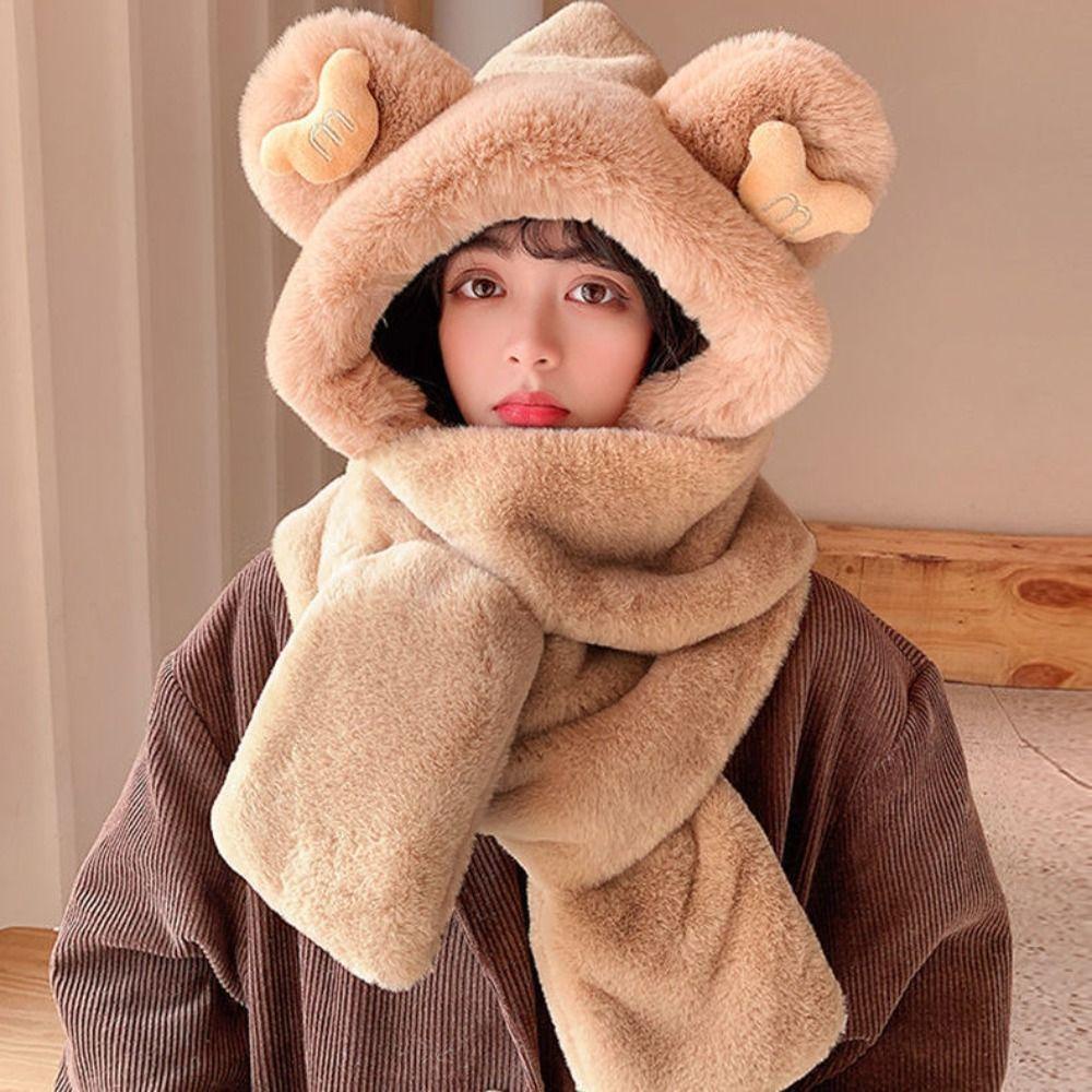 Muvako Mũ Trùm Đầu Tích Hợp Khăn Choàng cotton Dày Dặn Hình Gấu Bông Dễ Thương Kèm Găng Tay Và Khăn Choàng Cổ Cho Nữ