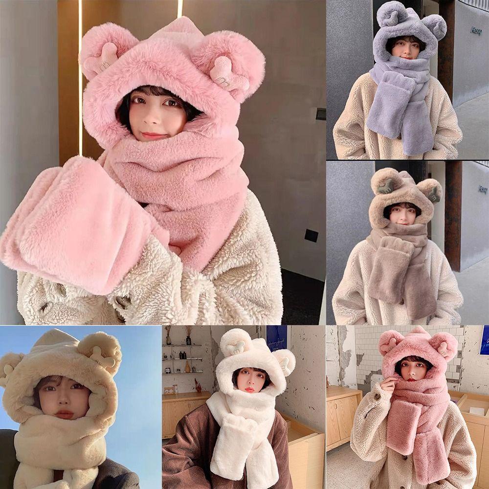Muvako Mũ Trùm Đầu Tích Hợp Khăn Choàng cotton Dày Dặn Hình Gấu Bông Dễ Thương Kèm Găng Tay Và Khăn Choàng Cổ Cho Nữ