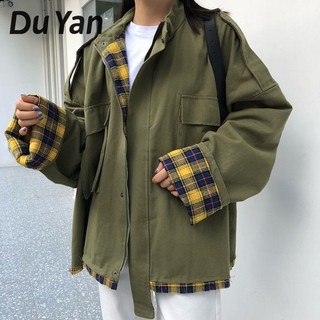 Áo khoác Du Yan dáng rộng họa tiết kẻ sọc phong cách Hàn Quốc xinh xắn cho nữ