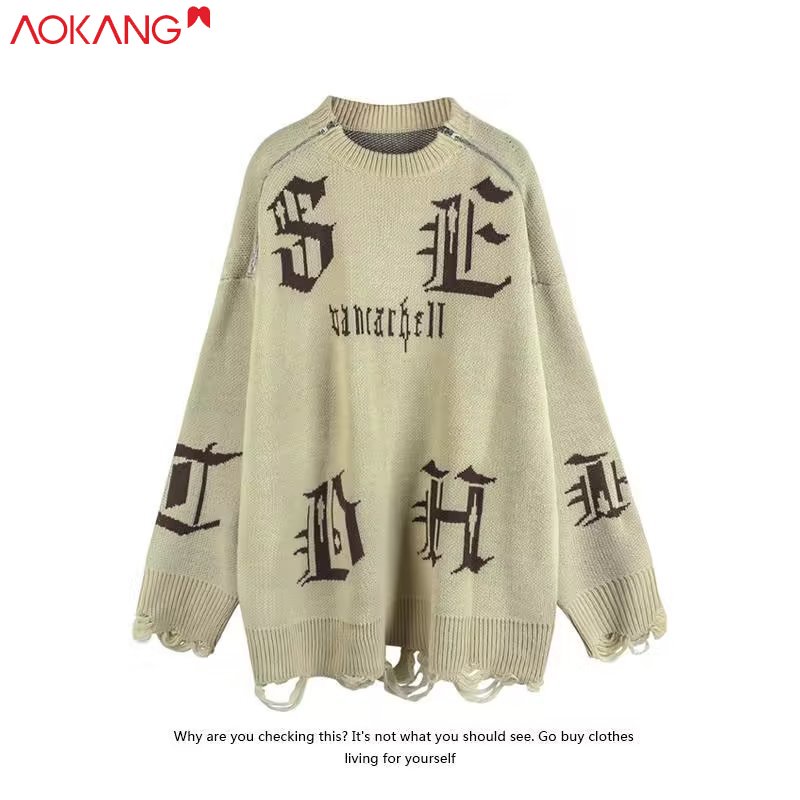 Aokang Áo sweater Dệt Kim Màu Nâu Dáng Rộng Thiết Kế Rách Thời Trang Thu Đông Đường Phố Mỹ Cho Nam Giới