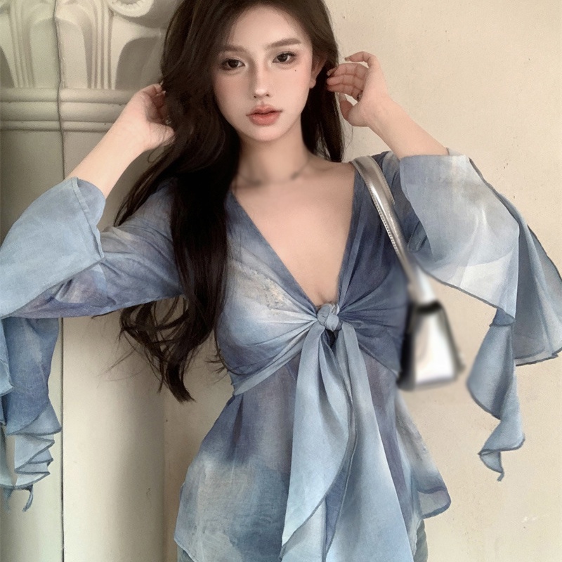 Áo Sơ Mi Chiffon Tay Dài Cổ Chữ V Thời Trang Mùa Hè Quyến Rũ Cho Nữ