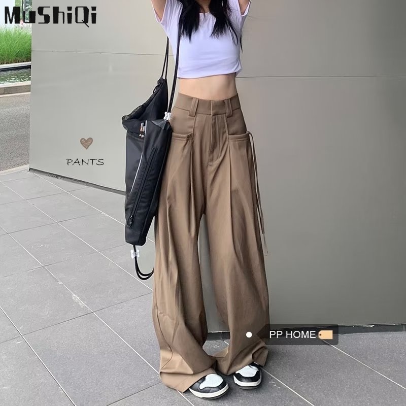 Mushiqi Quần Thể Thao Lưng Cao Ống Rộng Phong Cách retro Mỹ Cho Nữ