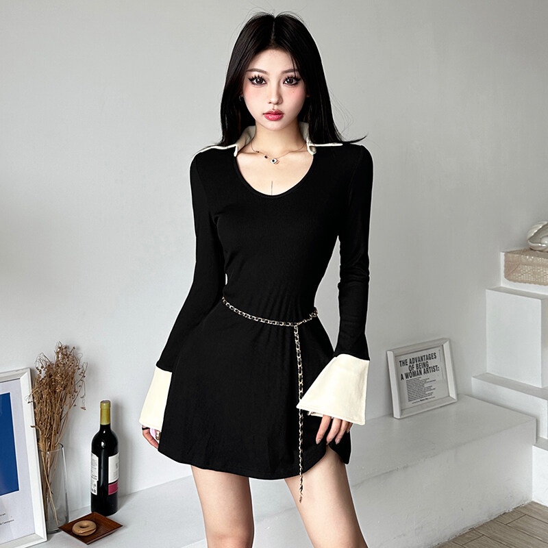 Đầm Chữ a Tay Dài Cổ Chữ v Dáng Ôm Phong Cách Thời Trang Hàn Quốc Kèm Thắt Lưng