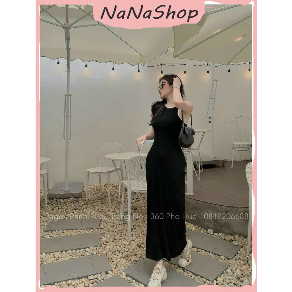 Đầm đen suông thun gân cổ tròn sát nách hở lưng phối viền trắng, Đầm maxi phối viền trắng ôm eo dáng xòe