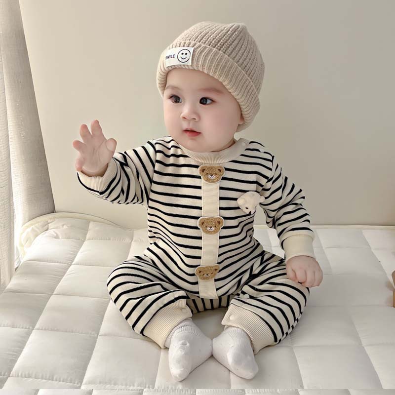 Mới Bộ Áo Liền Quần Tay Dài Bằng cotton In Họa Tiết Gấu Hoạt Hình Dễ Thương Thời Trang Xuân Thu Phong Cách Hàn Quốc Cho Bé Trai Và Gái 0-24 Tháng Tuổi