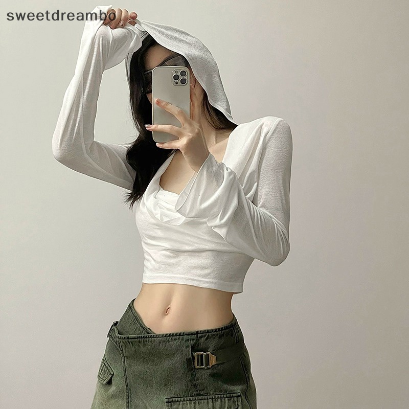 Áo Croptop Tay Dài Có Mũ Trùm Đầu Thời Trang Mùa Hè Cho Nữ