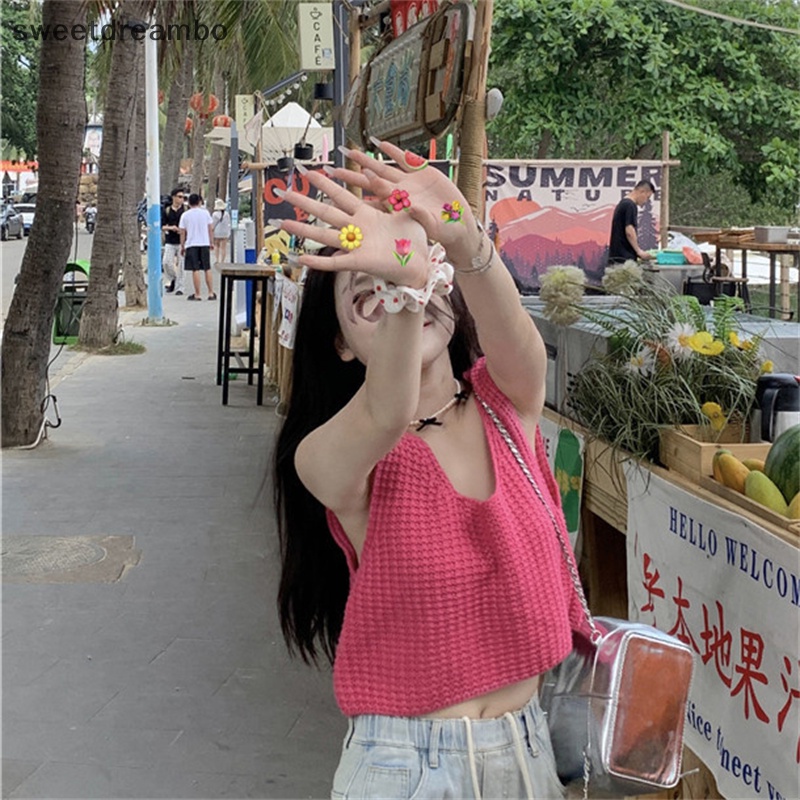 Áo Dệt Kim Sát Nách Cổ Tròn Màu Sắc Ngọt Ngào Thời Trang Mùa Hè Cho Nữ