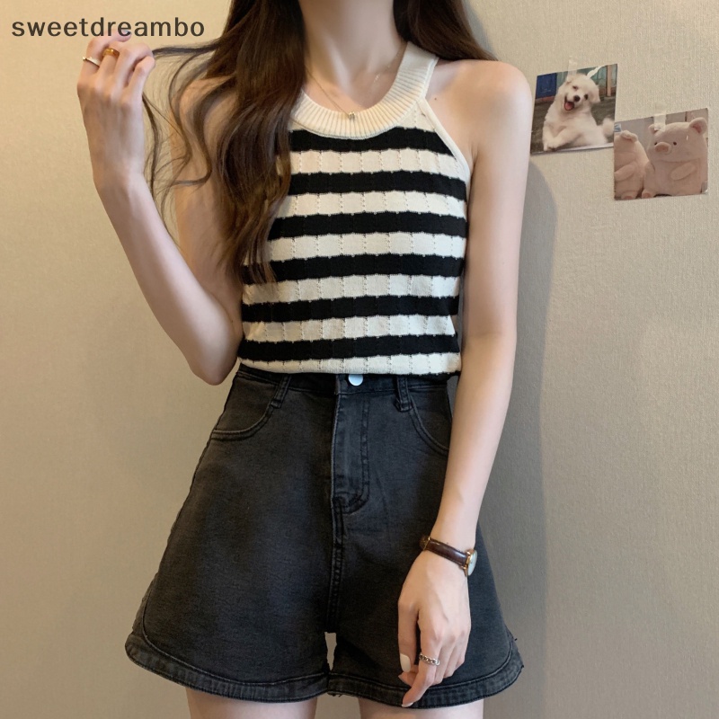 Áo Hai Dây Dệt Kim Kẻ Sọc Phong Cách retro Gợi Cảm Cho Nữ