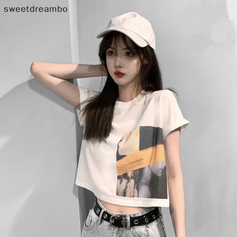 Áo Croptop Tay Ngắn Cổ Tròn Dáng Rộng In Họa Tiết Kiểu retro Thời Trang Mùa Hè Cho Nữ