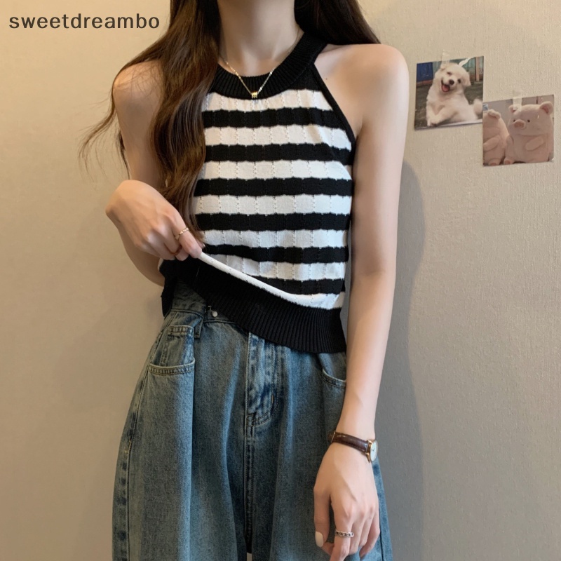 Áo Hai Dây Dệt Kim Kẻ Sọc Phong Cách retro Gợi Cảm Cho Nữ