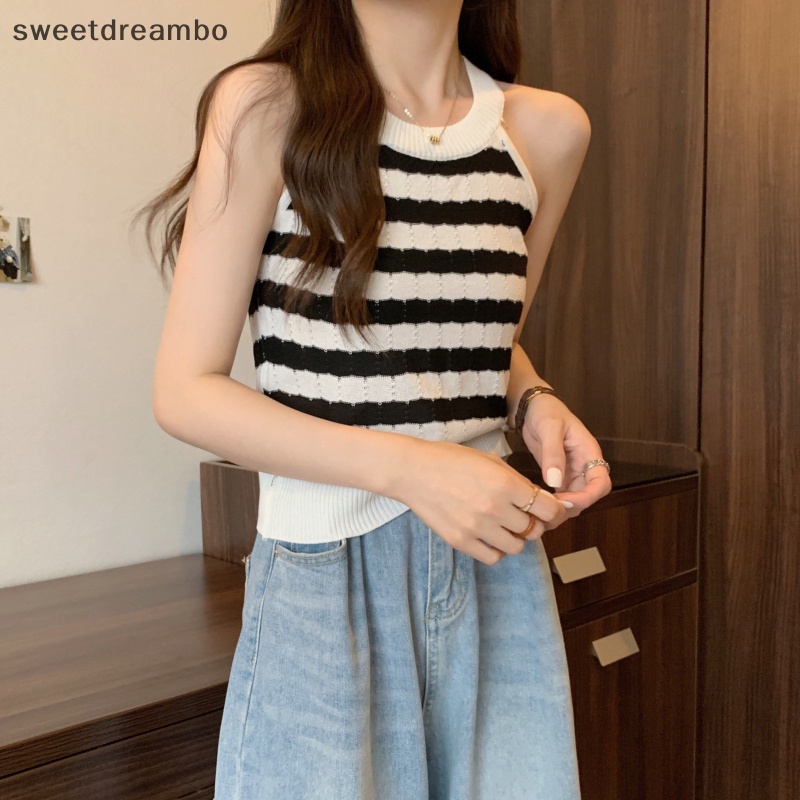 Áo Hai Dây Dệt Kim Kẻ Sọc Phong Cách retro Gợi Cảm Cho Nữ