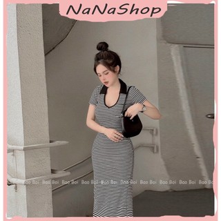 [New Sales 2024] Đầm thun gân ôm body dáng dài siêu tôn dáng họa tiết kẻ sọc cổ tròn tay ngắn phù hợp đi chơi, dạo phố