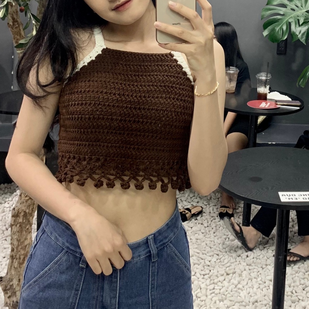 Áo croptop hai dây, áo móc len, handmade, croptop, len Yaoh cao cấp Crochet by Hy - DAN