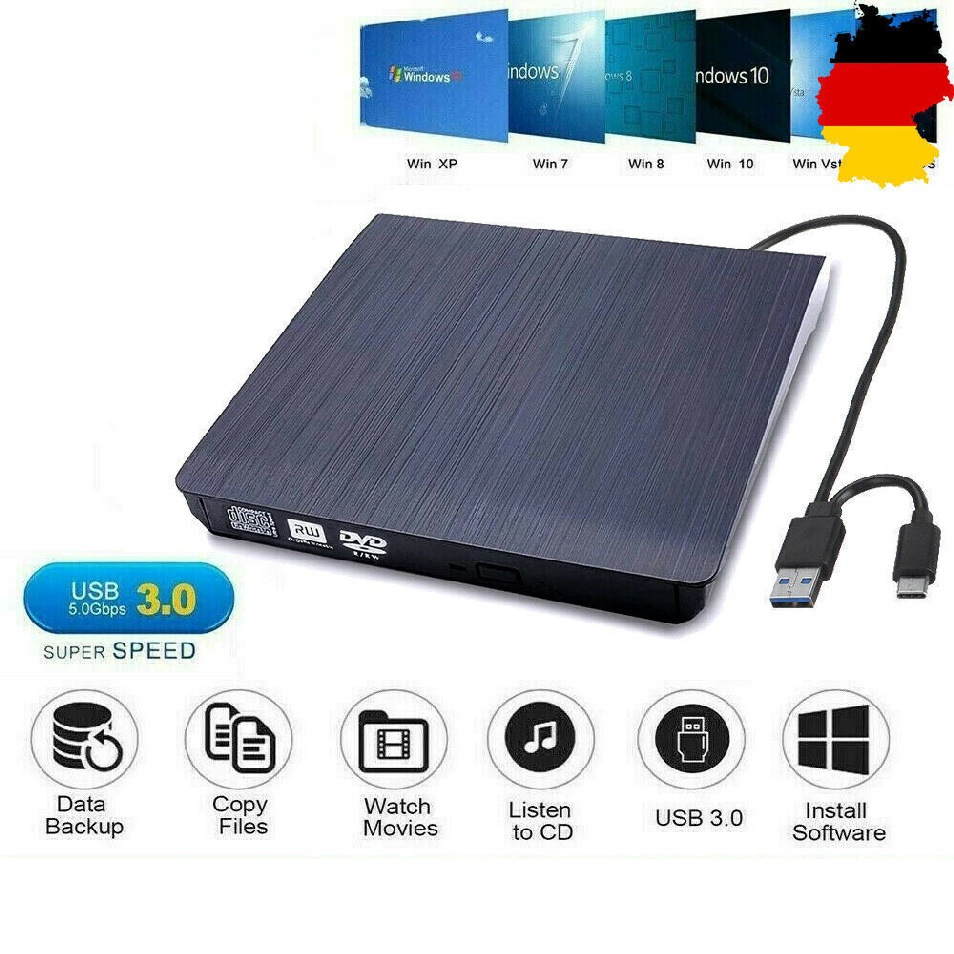 New Black USB 3.0 Type C External CD/DVD Drive Burner Player for Laptop PC