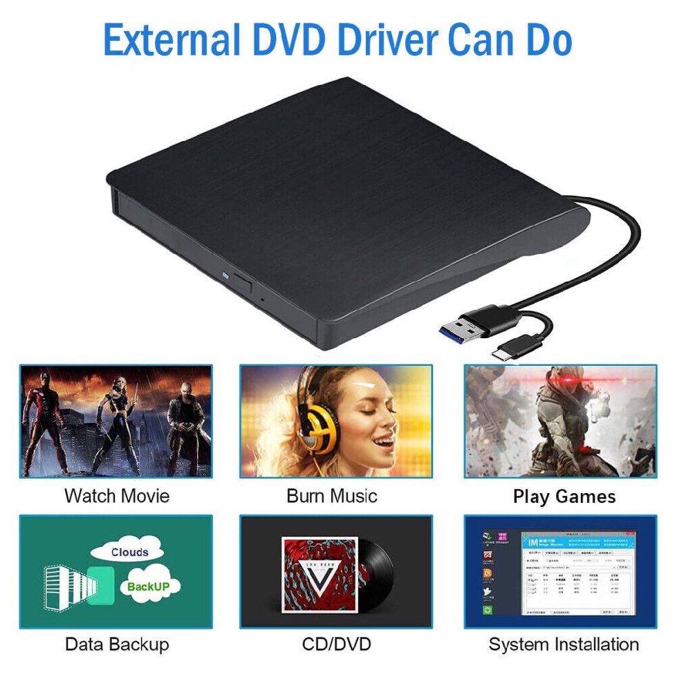 New Black USB 3.0 Type C External CD/DVD Drive Burner Player for Laptop PC