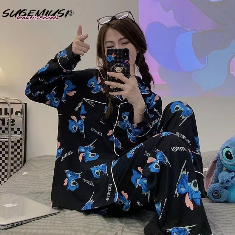 Sugemiusi Bộ Đồ Ngủ Tay Dài Chất Liệu cotton Nguyên Chất In Họa Tiết Hoạt Hình stitch Thời Trang Xuân Thu Cho Cặp Đô