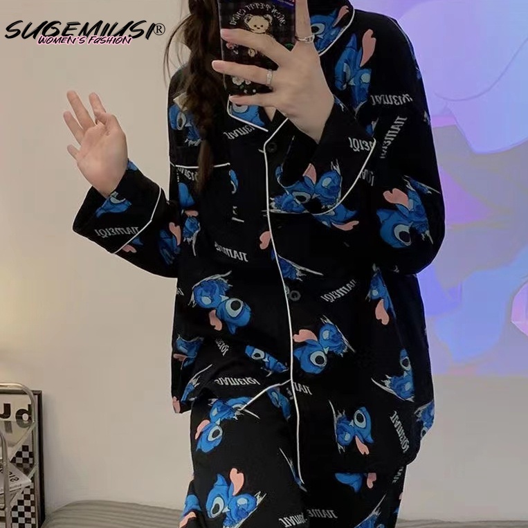 Sugemiusi Bộ Đồ Ngủ Tay Dài Chất Liệu cotton Nguyên Chất In Họa Tiết Hoạt Hình stitch Thời Trang Xuân Thu Cho Cặp Đô