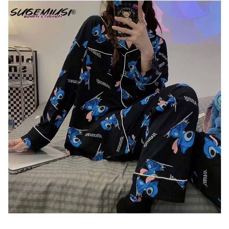 Sugemiusi Bộ Đồ Ngủ Tay Dài Chất Liệu cotton Nguyên Chất In Họa Tiết Hoạt Hình stitch Thời Trang Xuân Thu Cho Cặp Đô
