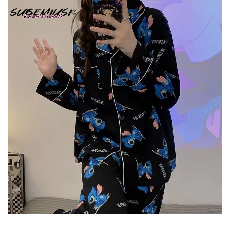 Sugemiusi Bộ Đồ Ngủ Tay Dài Chất Liệu cotton Nguyên Chất In Họa Tiết Hoạt Hình stitch Thời Trang Xuân Thu Cho Cặp Đô