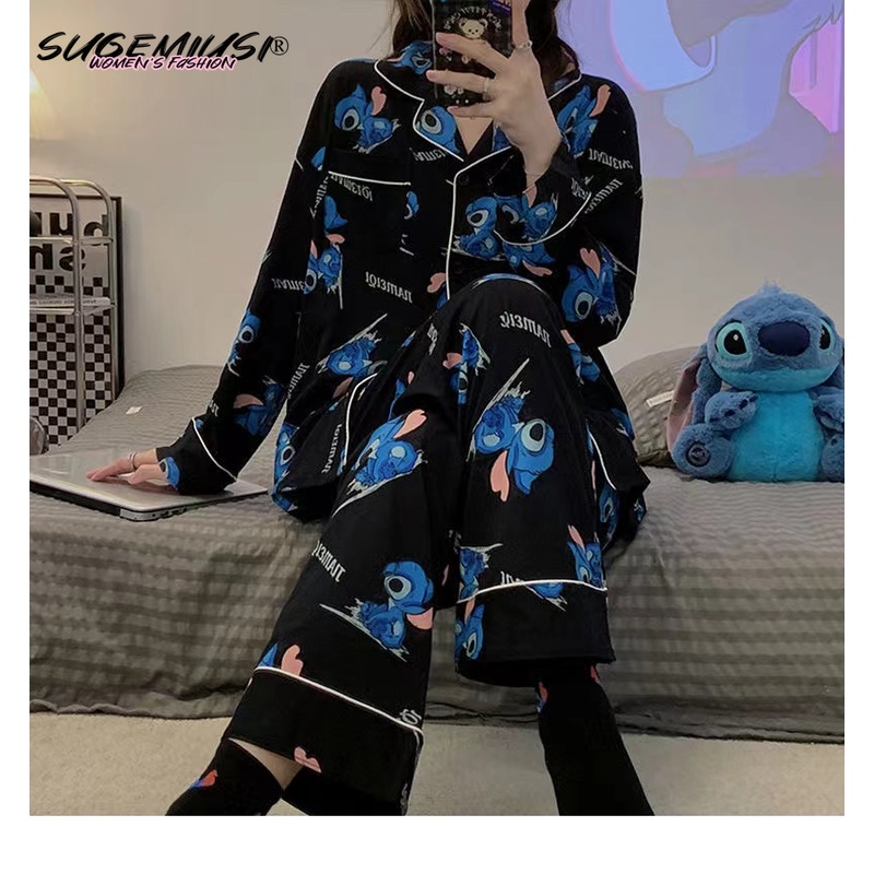 Sugemiusi Bộ Đồ Ngủ Tay Dài Chất Liệu cotton Nguyên Chất In Họa Tiết Hoạt Hình stitch Thời Trang Xuân Thu Cho Cặp Đô