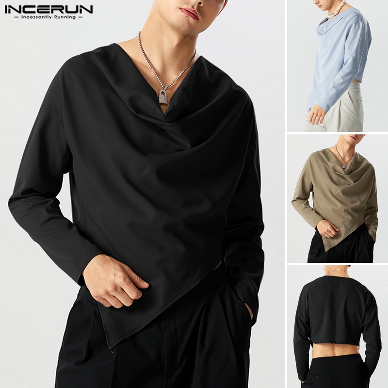 INCERUN Áo Thun Nam Dài Tay Cổ Tròn Lệch Tà Màu Sắc vintage