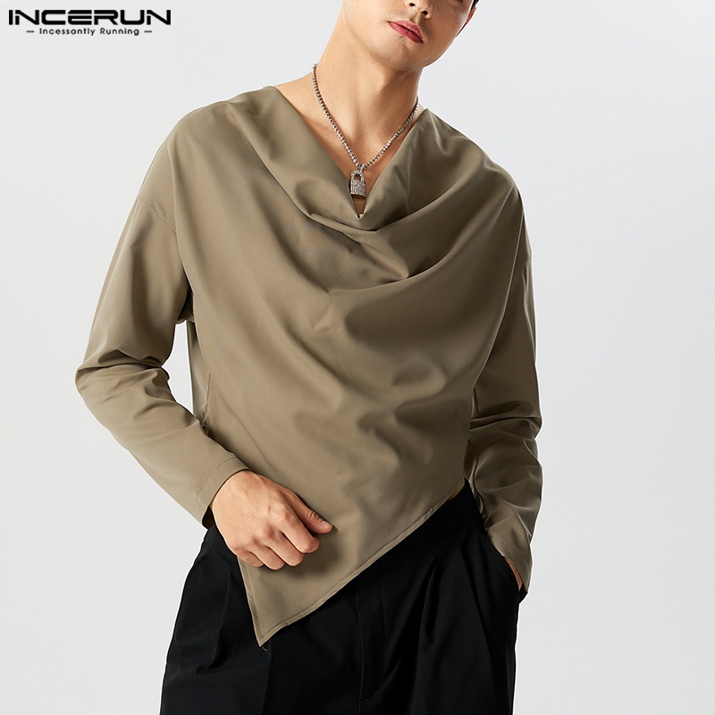 INCERUN Áo Thun Nam Dài Tay Cổ Tròn Lệch Tà Màu Sắc vintage