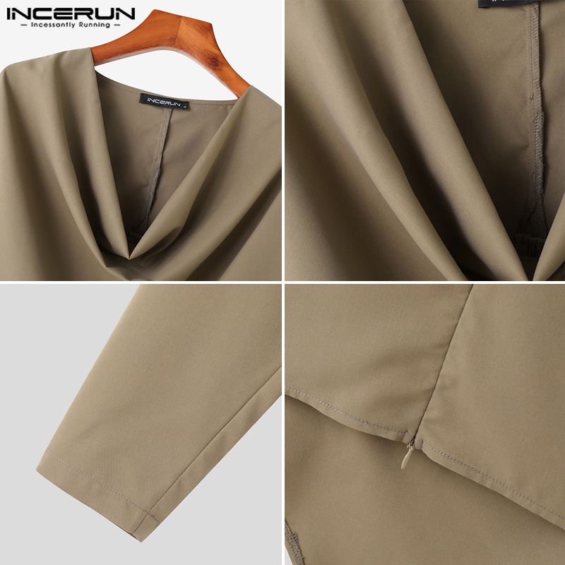 INCERUN Áo Thun Nam Dài Tay Cổ Tròn Lệch Tà Màu Sắc vintage