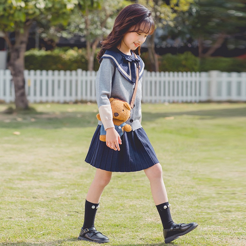 G338, Set bộ áo chân váy len dệt kim 18-40kg, thời trang QC cao cấp