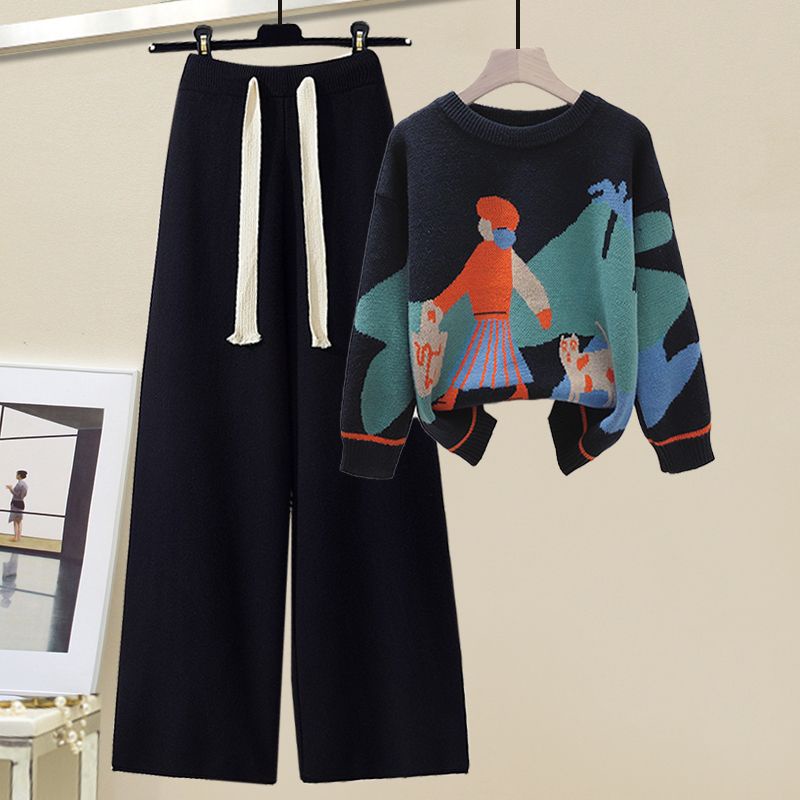 Bộ Áo sweater Dệt Kim Mỏng Phối Quần Ống Rộng Thời Trang Thu Đông Mới Cho Nữ