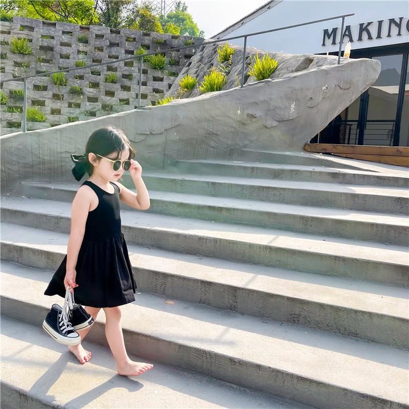 Đầm váy 2 dây cho bé gái dáng xòe  dây lưng đan chéo phong cách tiểu thư cao cấp