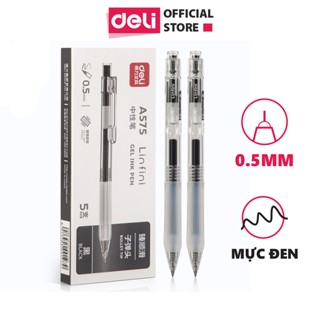 Bút bi gel bấm văn phòng Deli mực đen ngòi 0.5mm học sinh mực đều nét chữ đẹp A575 - có ruột xanh thay thế HỘP 5 chiếc