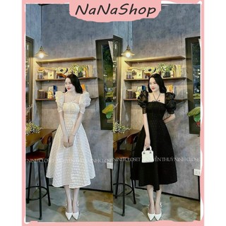 [New Sales 2024] Đầm Nữ Chất Gấm Đính Nơ Họa Tiết Cổ Vuông Ống Tay Xếp Bèo Voan Dáng Dài Xòe Duyên Dáng