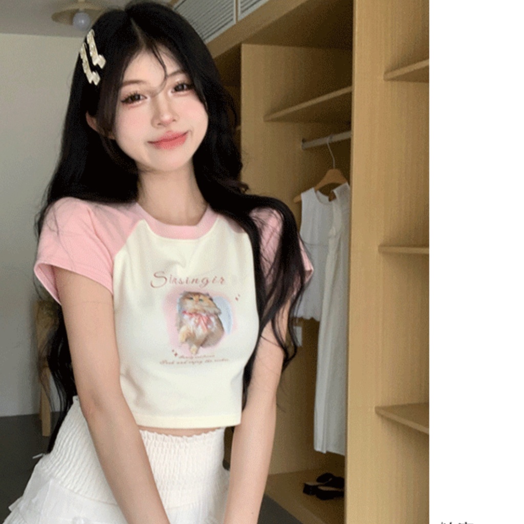 Áo croptop raglan tay ngắn PINKSTORE29 in hình Mèo Sinsingirl siêu dễ thương A5850