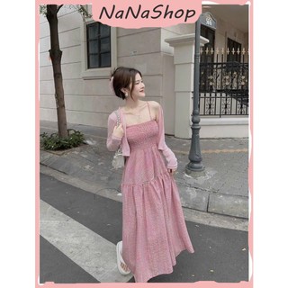 Đầm Nữ Hai Dây Maxi Xoắn Ngực Hở Lưng Kẻ Sọc Caro Hồng Mix Cùng Áo Khoác Borip Mỏng Bánh Bèo, Cực Đáng Yêu