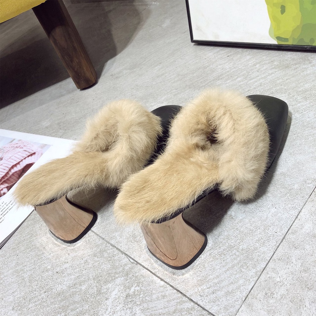 Hong Kong Premium shoes❥Dép Bít Mũi Phối Lông Xù Phong Cách Trẻ Trung Dành Cho Nữ