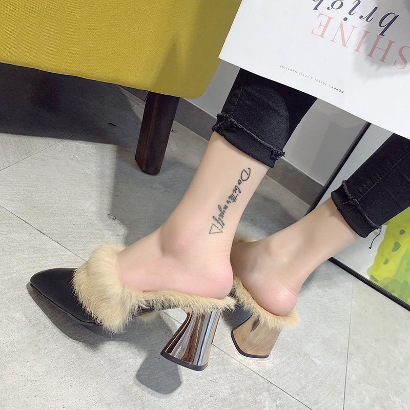 Hong Kong Premium shoes❥Dép Bít Mũi Phối Lông Xù Phong Cách Trẻ Trung Dành Cho Nữ