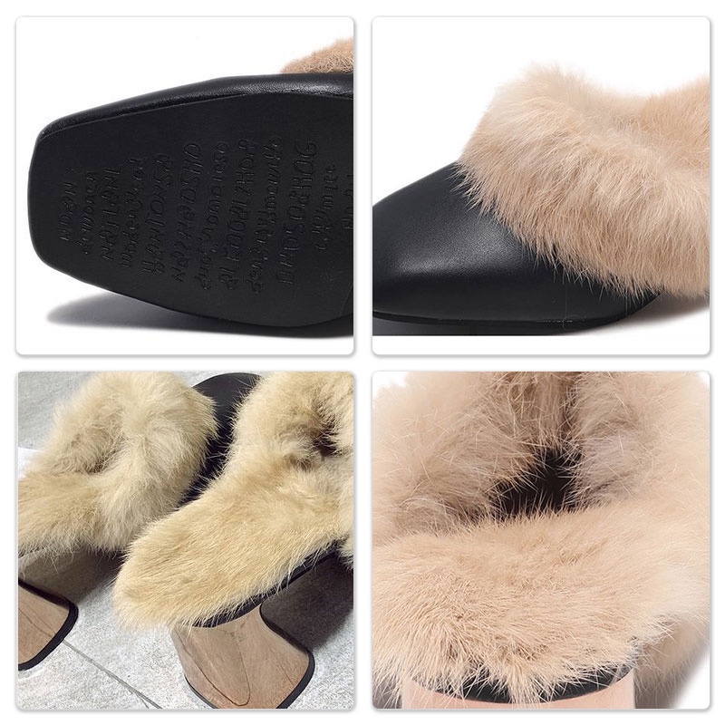 Hong Kong Premium shoes❥Dép Bít Mũi Phối Lông Xù Phong Cách Trẻ Trung Dành Cho Nữ