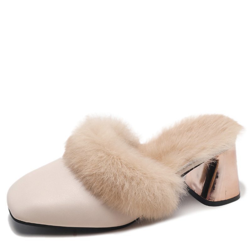 Hong Kong Premium shoes❥Dép Bít Mũi Phối Lông Xù Phong Cách Trẻ Trung Dành Cho Nữ