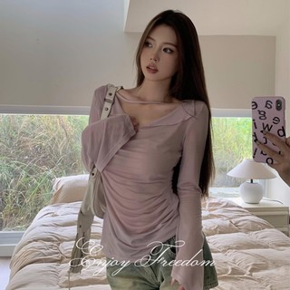 Enjoy freedom Áo Thun Tay Dài Trễ Vai Thiết Kế Mỏng Ôm Dáng Chống Nắng Vi Sợi Thấm Hút Tốt Cho Nữ