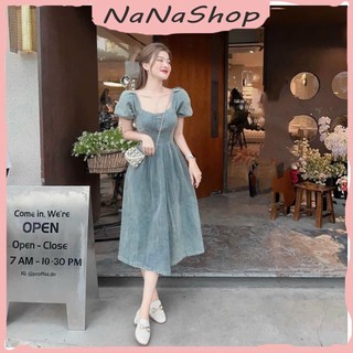 [New Sales 2024] Đầm Nữ Cổ Vuông Tay Bồng Ngắn Dáng Dài Xòe Chiết Eo Tôn Dáng Chất Vải Jean Cứng Thướt Tha, Thanh Lịch