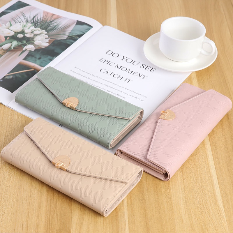 Thời Trang Ví Da pu Dáng Dài Hoạ Tiết Kẻ Sọc Cho Phái Nữ