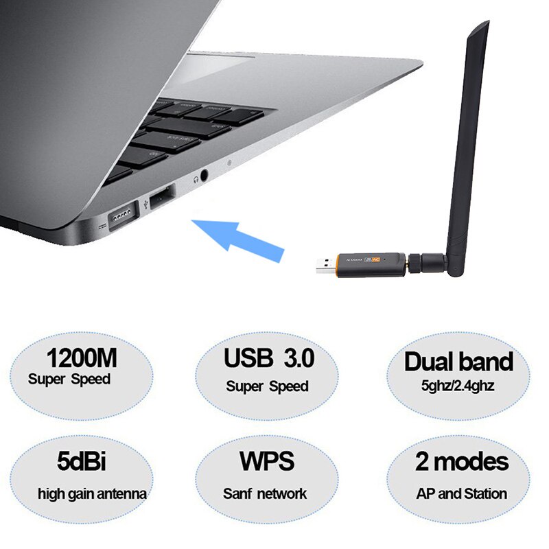 Thẻ Mạng wifi Không Dây 1200mbps 802.11ac usb 3.0 2.4ghz / 5ghz Băng Tần Kép 5dbi Cho laptop