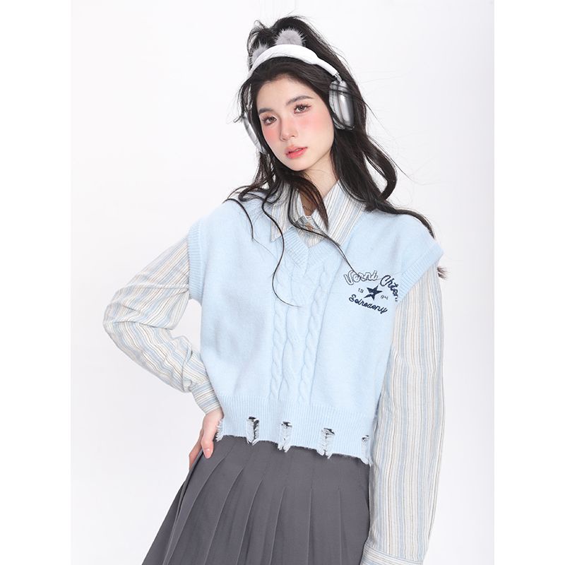 Set Áo Sơ Mi Tay Dài + Áo Len Không Tay Thêu Hoa Thời Trang Cho Nữ