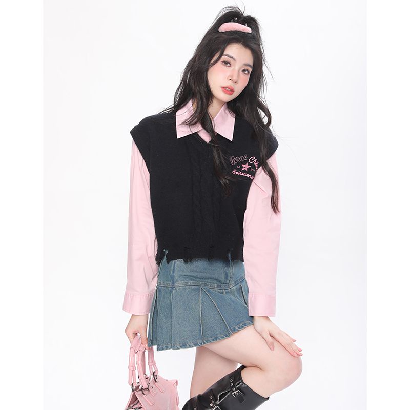 Set Áo Sơ Mi Tay Dài + Áo Len Không Tay Thêu Hoa Thời Trang Cho Nữ