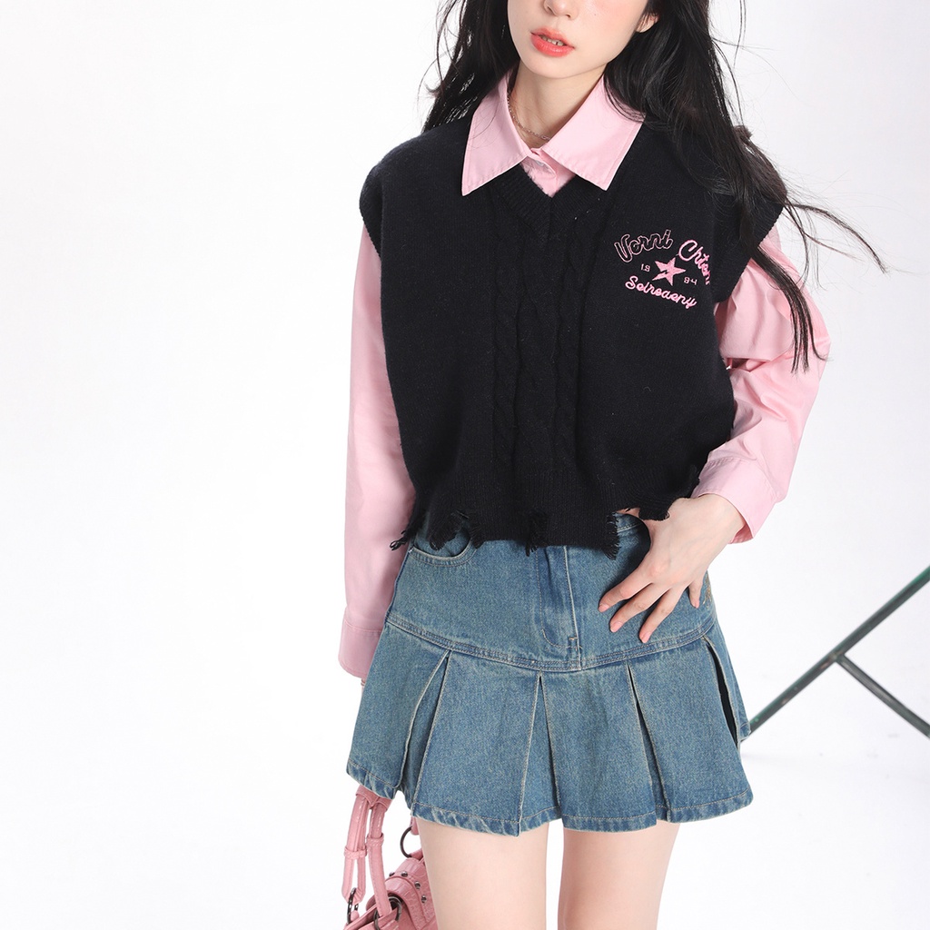 Set Áo Sơ Mi Tay Dài + Áo Len Không Tay Thêu Hoa Thời Trang Cho Nữ