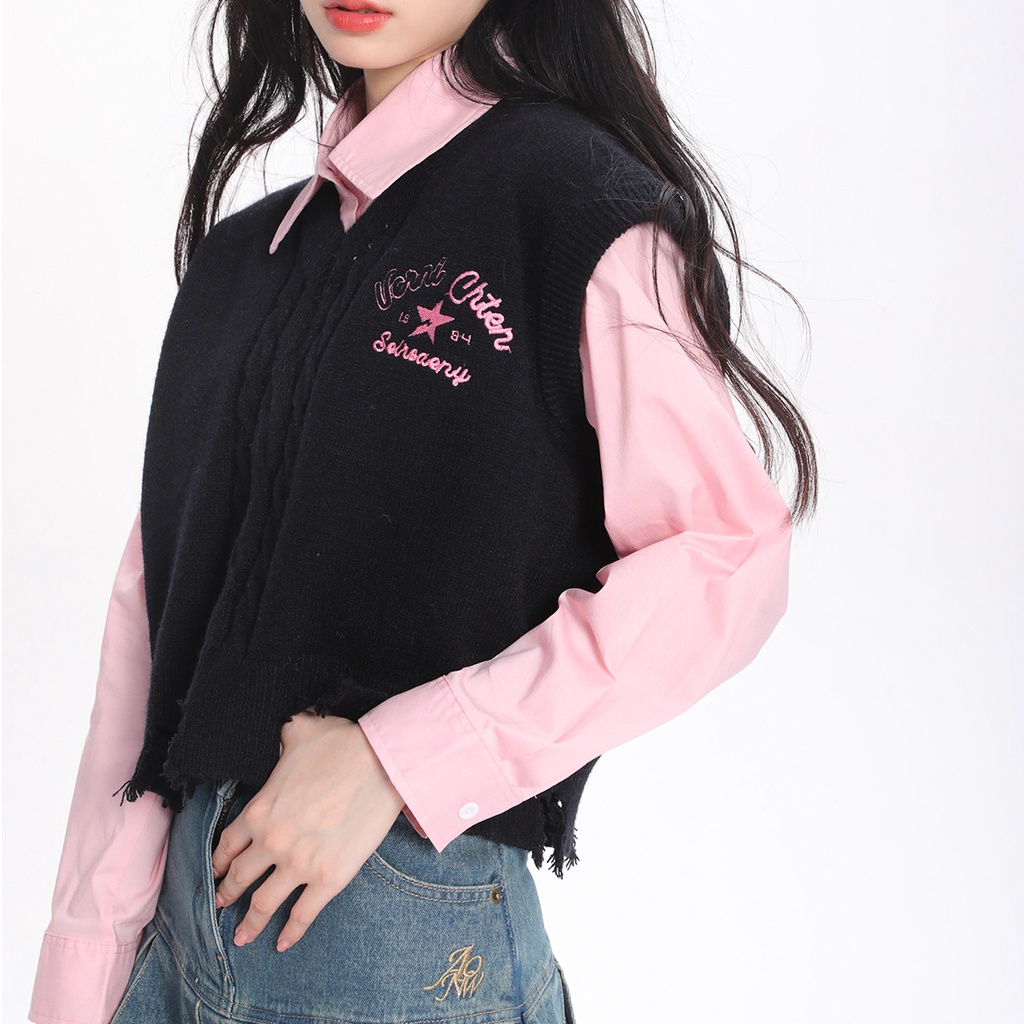 Set Áo Sơ Mi Tay Dài + Áo Len Không Tay Thêu Hoa Thời Trang Cho Nữ