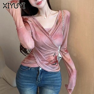 XIYUYI Áo Thun Dài Tay Ôm Eo Nhuộm Màu Thời Trang Dành Cho Nữ